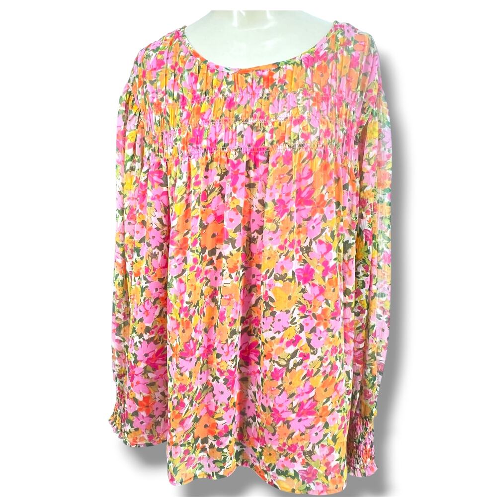 Terra & Sky Vibrant Floral Smocked Chiffon Blouse 3X Sheer Balloon Sleeves